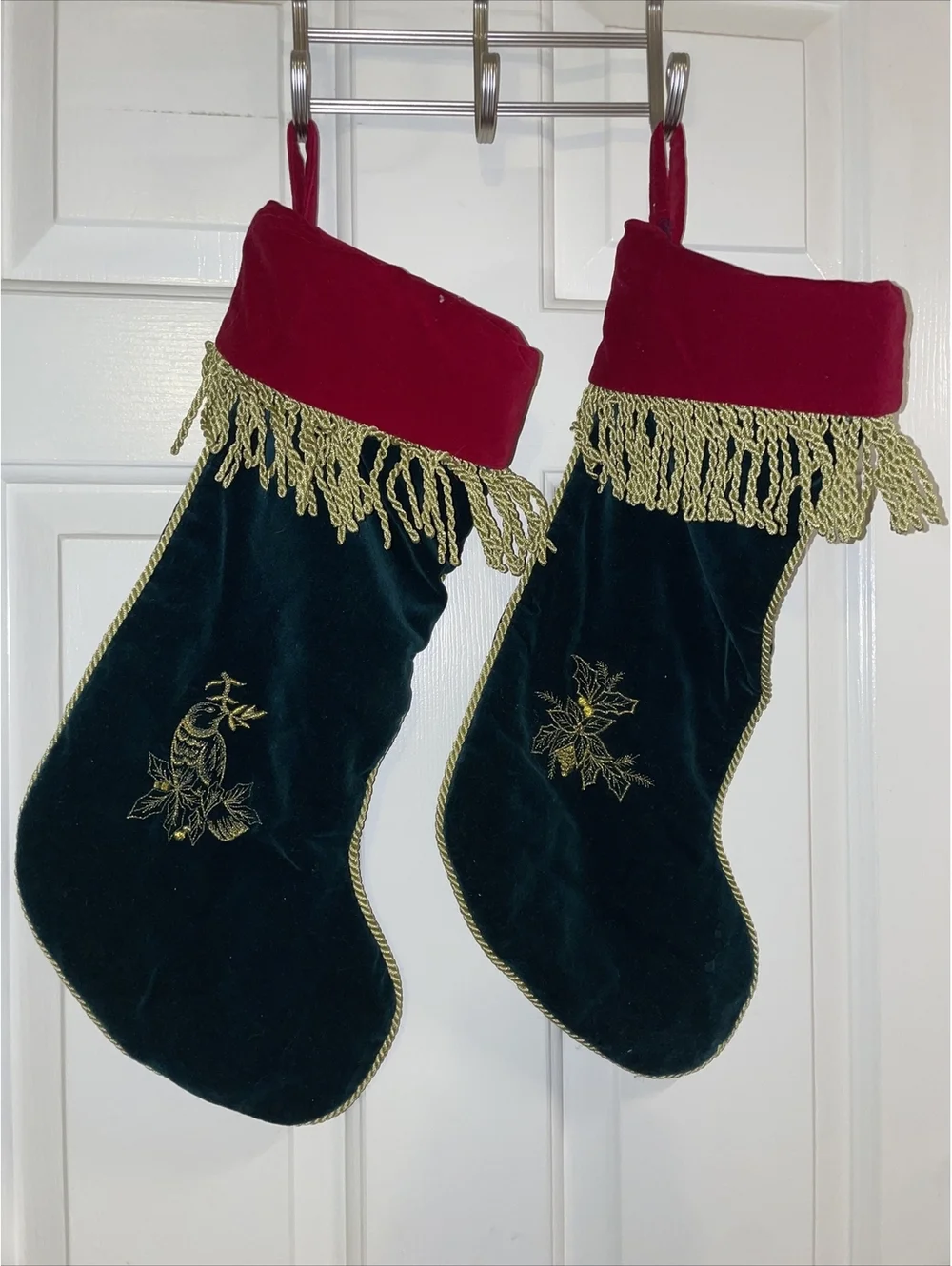 Velvet Green Christmas Stockings Gold Cord Trim Gold Stitched Bird Poinsettias